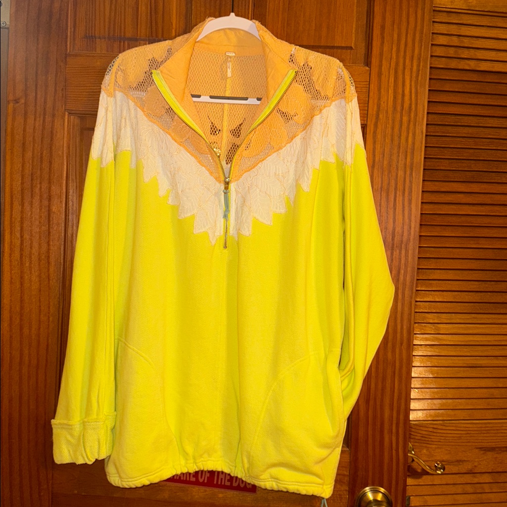 Women’s Free People Isla Pullover Oversized Sweatshirt Crochet Zip Lime S Small